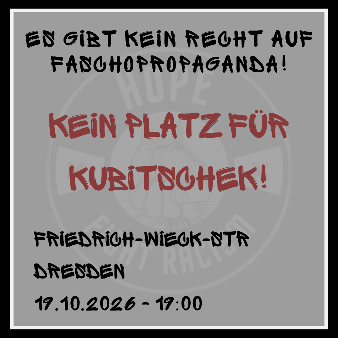 Kundgebung am 19.10.2026 19:00 Uhr in der Friedrich-Wieck-Straße, Dresden