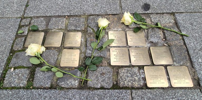 Stolpersteine mit weißen Rosen
